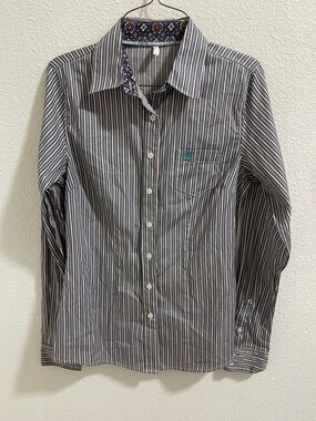 Cinch Women’s  Long-Sleeve Striped button down Dress Shirt - blue, White, teal